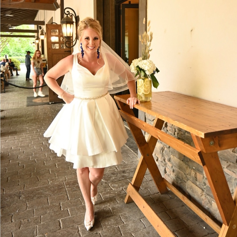 SOLD!! White A-Line Satin Dress with Gold Metal Belt